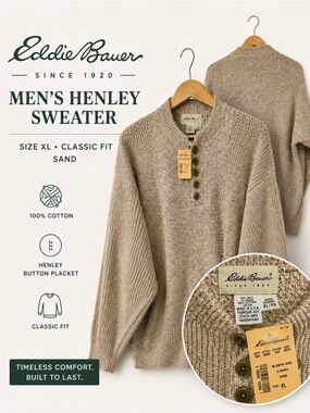 Eddie Bauer Men’s Cotton Henley Sweater XL Sand Beige Knit Pullover